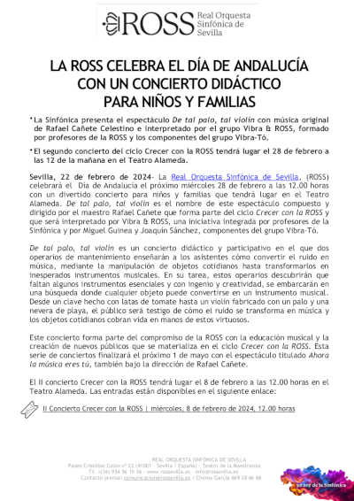 La ROSS celebra el Día de Andalucía con un concierto didáctico para niños y familias