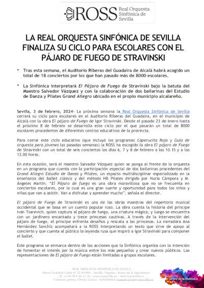 La ROSS finaliza su Ciclo de Conciertos para Escolares con «El pájaro de fuego» de Igor Stravinski