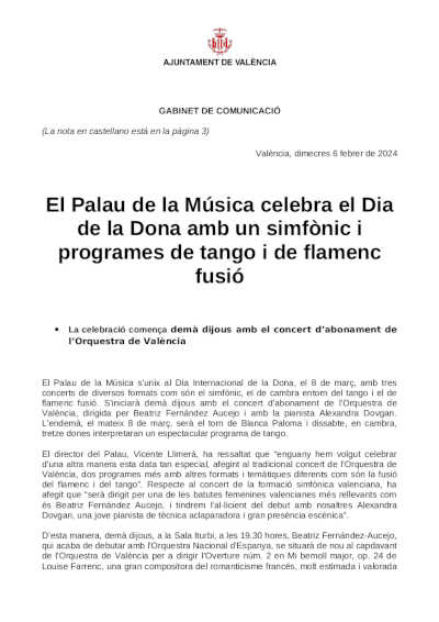 El Palau de la Música celebra el Día de la Mujer con un sinfónico y programas de tango y de flamenco fusión
