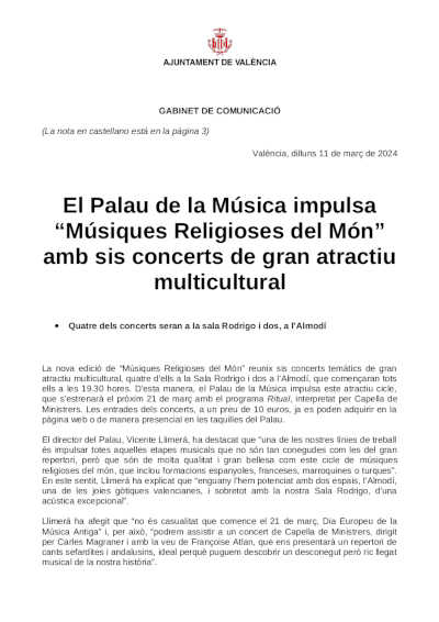El Palau de la Música impulsa “Músicas Religiosas del Mundo” con seis conciertos de gran atractivo multicultural