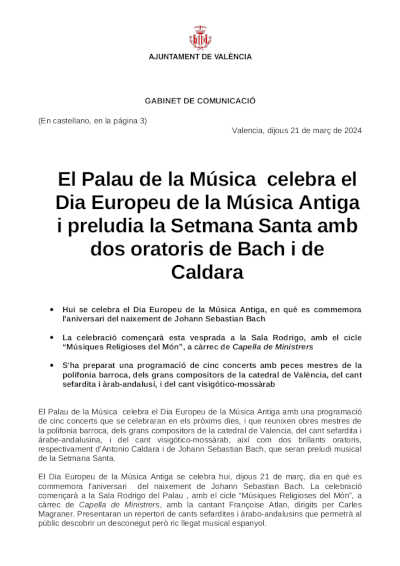 El Palau de la Música celebra el Día Europeo de la Música Antigua y preludia la Semana Santa