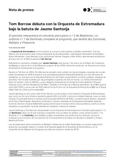 Tom Borrow debuta con la Orquesta de Extremadura bajo la batuta de Jaume Santonja Tom Borrow debuta con la Orquesta de Extremadura bajo la batuta de Jaume Santonja