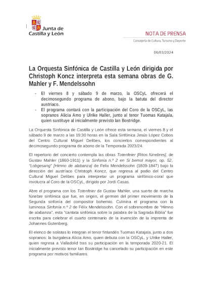 La Orquesta Sinfónica de Castilla y León dirigida por Christoph Koncz interpreta obras de G. Mahler y F. Mendelssohn