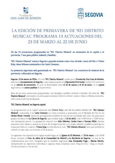 La edición primavera de «921 Distrito Musical» programa 13 actuaciones en Segovia