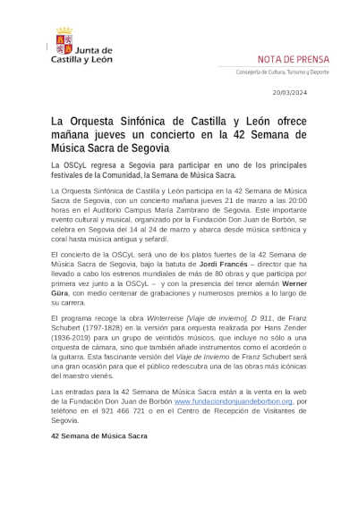 La Orquesta Sinfónica de Castilla y León ofrece un concierto en la 42 Semana de Música Sacra de Segovia