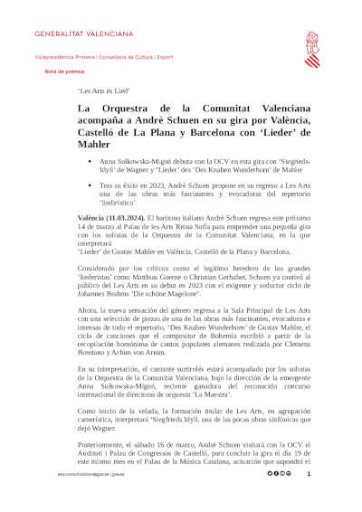 La Orquestra de la Comunitat Valenciana acompaña a Andrè Schuen en su gira por España con «Lieder» de Mahler