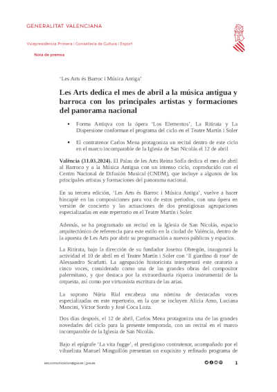 Les Arts dedica el mes de abril a la música antigua y barroca con los principales artistas y formaciones del panorama nacional