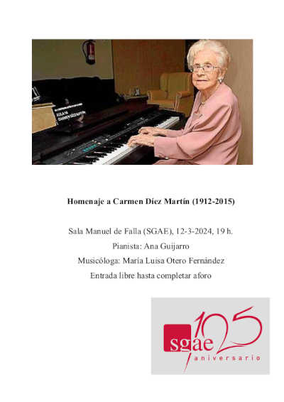 La SGAE organiza un Concierto-homenaje a la pianista y compositora Carmen Díez Martín