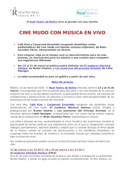 Cine mudo con música en vivo en el Real Teatro de Retiro con Café Kino y Caspervek Ensemble