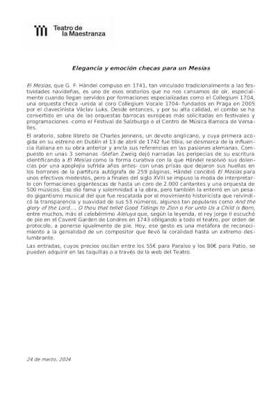 Elegancia y emoción checas para un Mesías con Collegium 1704 en el Teatro de la Maestranza Elegancia y emoción checas para un Mesías con Collegium 1704 en el Teatro de la Maestranza