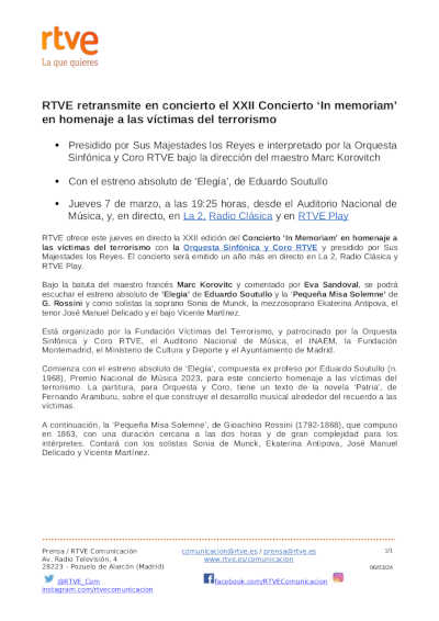 RTVE retransmite en concierto el XXII Concierto «In memoriam» en homenaje a las víctimas del terrorismo