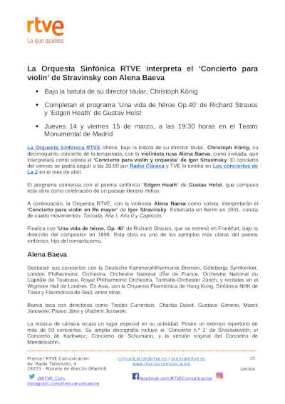 La Orquesta Sinfónica RTVE interpreta el «Concierto para violín»de Stravinsky con Alena Baeva