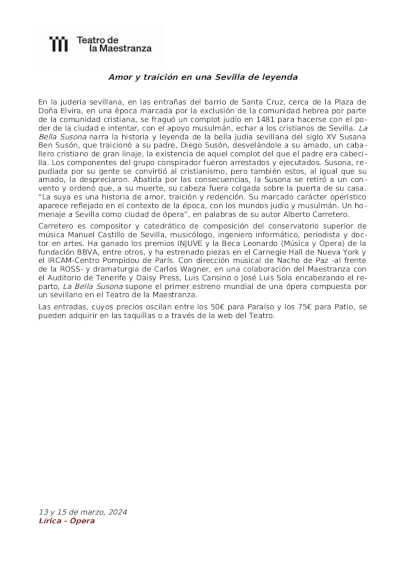 La ópera «La Bella Susona» en el Teatro de la Maestranza de Sevilla La ópera «La Bella Susona» en el Teatro de la Maestranza de Sevilla
