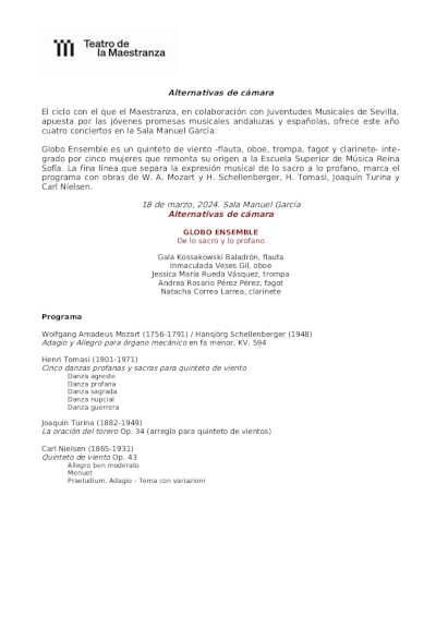 Ciclo «Alternativas de Cámara» con el Globo Ensemble en el Teatro de la Maestranza Ciclo «Alternativas de Cámara» con el Globo Ensemble en el Teatro de la Maestranza