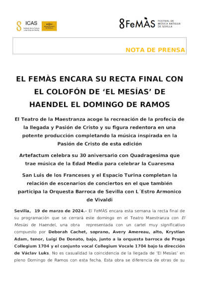 El FeMÀS encara su recta final de su 41º edición con el colofón de «El Mesías» de Haendel el Domingo de Ramos