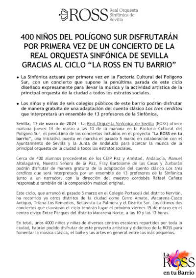 400 niños del Polígono Sur disfrutarán por primera vez de un concierto de la ROSS con «La ROSS en tu barrio»