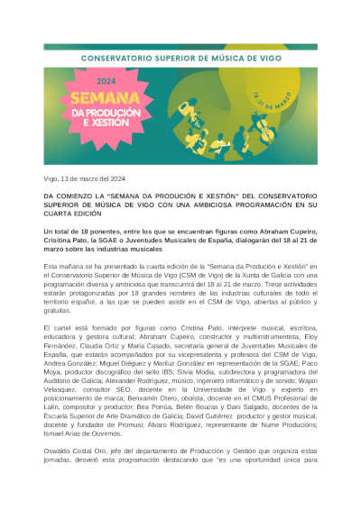 Comienza la «Semana da Producción e Xestión» del Conservatorio Superior de Música de Vigo