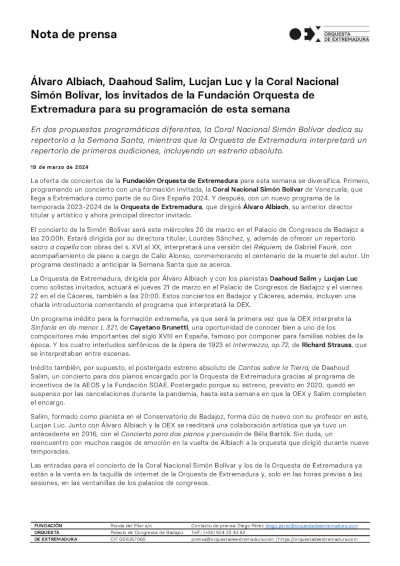 Albiach, Salim, Luc y la Coral Nacional Simón Bolívar, los invitados de la Fundación Orquesta de Extremadura Albiach, Salim, Luc y la Coral Nacional Simón Bolívar, los invitados de la Fundación Orquesta de Extremadura