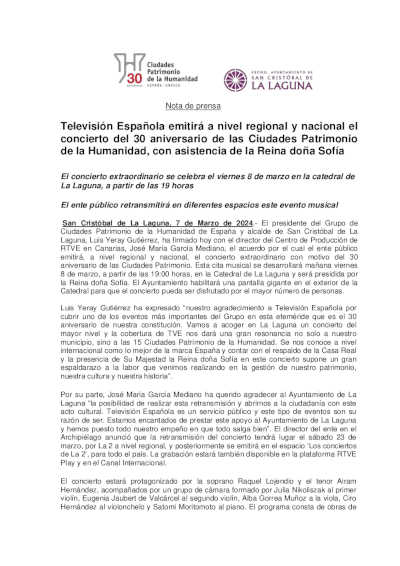 Televisión Española emitirá a nivel regional y nacional el concierto del 30 aniversario de las Ciudades Patrimonio de la Humanidad