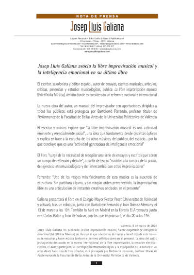 Josep Lluís Galiana asocia la libre improvisación musical y la inteligencia emocional en su último libro