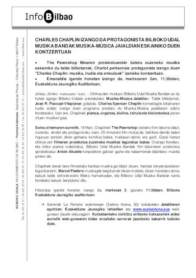 Charles Chaplin será pretagonista del Concierto de la Banda Municipal de Música de Bilbao en el Festival Musika-Música
