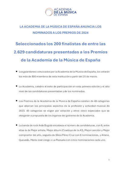 Seleccionados los 200 finalistas de entre las 2.629 candidaturas a los Premios de la Academia de la Música de España