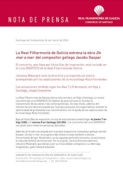 La Real Filharmonía de Galicia estrena la obra De mar a mar  del compositor gallego Jacobo Gaspar