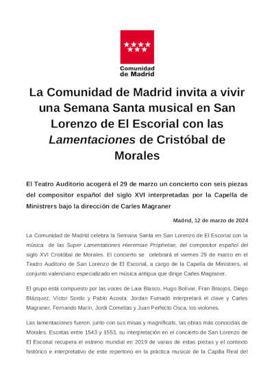 La Comunidad de Madrid invita a vivir una Semana Santa musical en San Lorenzo de El Escorial La Comunidad de Madrid invita a vivir una Semana Santa musical en San Lorenzo de El Escorial