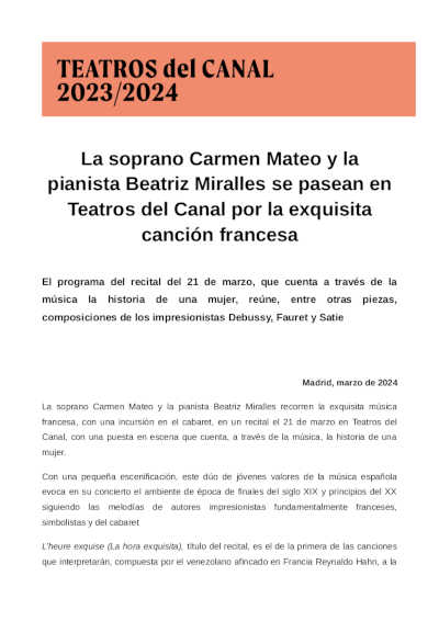 La soprano Carmen Mateo y la pianista Beatriz Miralles se pasean en Teatros del Canal por la exquisita canción francesa