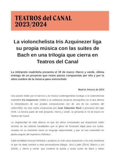 La violonchelista Iris Azquinezer liga su propia música con las suites de Bach en una trilogía que cierra en Teatros del Canal