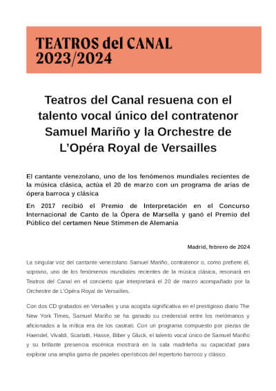 Teatros del Canal resuena con el talento vocal único del contratenor Samuel Mariño