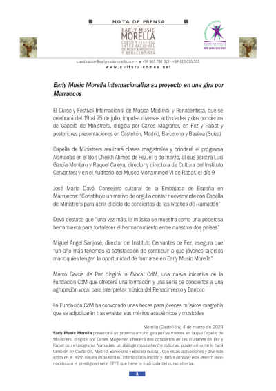 Música Antigua Morella internacionaliza su proyecto en una gira por Marruecos