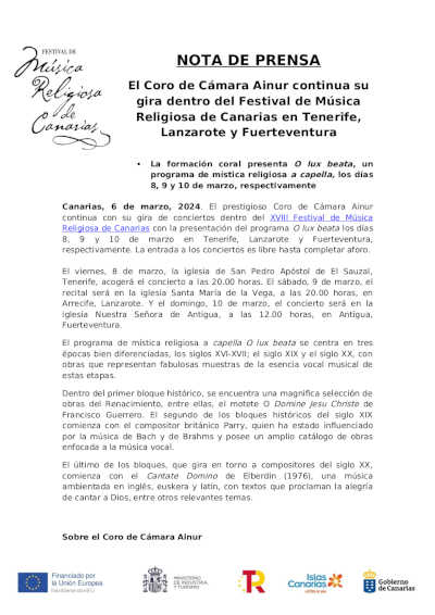 El Coro de Cámara Ainur continua su gira dentro del Festival de Música Religiosa de Canarias