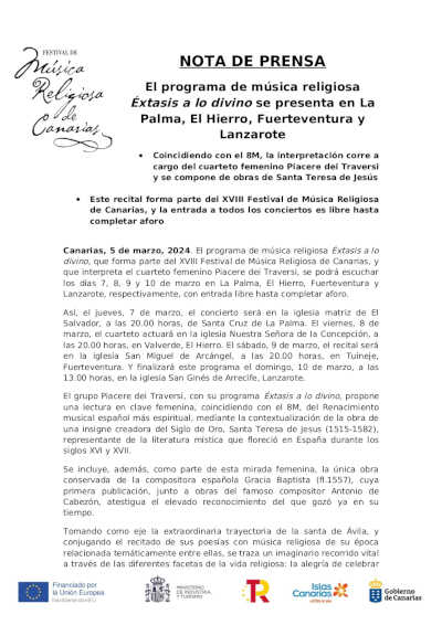 El programa de música religiosa Éxtasis a lo divino se presenta en La Palma, El Hierro, Fuerteventura y Lanzarote