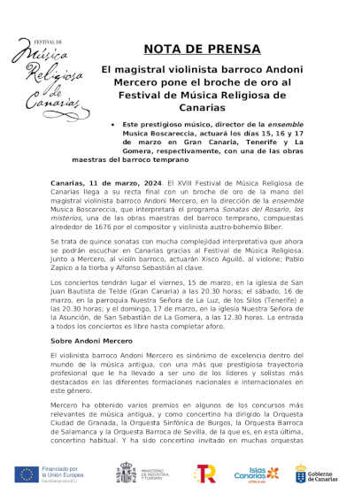 El magistral violinista barroco Andoni Mercero pone el broche de oro al Festival de Música Religiosa de Canarias