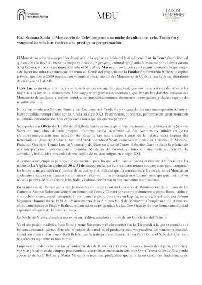 En esta Semana Santa, Festival Bienal “Lux in Tenebris” propone una noche de cultura en vela