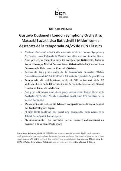 Dudamel y London Symphony Orchestra, Suzuki, Batiashvili y Midori, destacados de la temporada 24/25 BCN Clàssics
