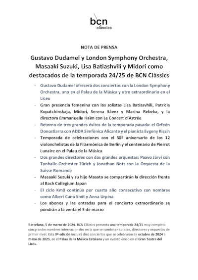Dudamel y London Symphony Orchestra, Suzuki, Batiashvili y Midori, destacados de la temporada 24/25 BCN Clàssics