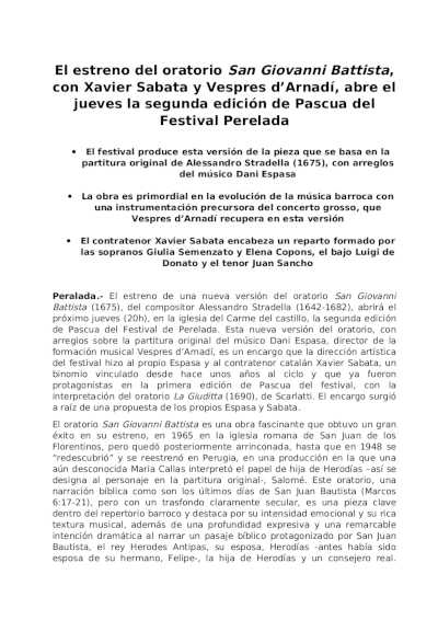 El estreno del oratorio San Giovanni Battista abre el jueves la segunda edición de Pascua del Festival Perelada