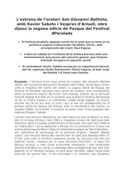 El estreno del oratorio San Giovanni Battista abre el jueves la segunda edición de Pascua del Festival Perelada