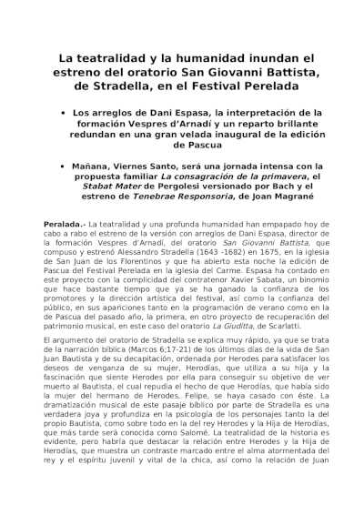 La teatralidad y la humanidad inundan el estreno del oratorio San Giovanni Battista, de Stradella, en el Festival Perelada