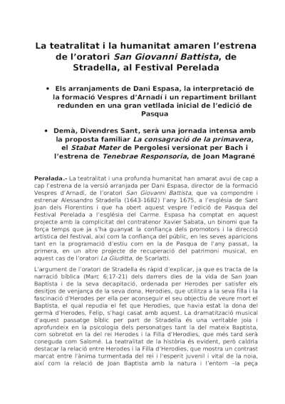 La teatralidad y la humanidad inundan el estreno del oratorio San Giovanni Battista, de Stradella, en el Festival Perelada