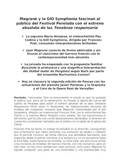 Magrané y la GIO Symphonia fascinan al público del Festival Perelada con el estreno absoluto de las Tenebrae responsoria