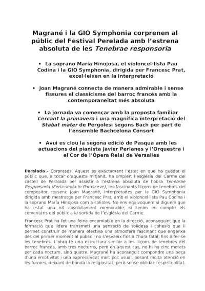 Magrané y la GIO Symphonia fascinan al público del Festival Perelada con el estreno absoluto de las Tenebrae responsoria