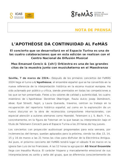 El ensemble L’Apothéose continúa el Festival de Música Antigua de Sevilla en su 41º edición