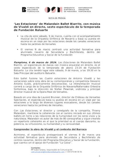 La Orquesta Sinfónica de Navarra pone música de Vivaldi en directo a «Las estaciones» del Malandain Ballet Biarritz La Orquesta Sinfónica de Navarra pone música de Vivaldi en directo a «Las estaciones» del Malandain Ballet Biarritz