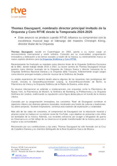 Thomas Dausgaard, nombrado director principal invitado de la Orquesta y Coro RTVE desde la Temporada 2024-2025 Thomas Dausgaard, nombrado director principal invitado de la Orquesta y Coro RTVE desde la Temporada 2024-2025
