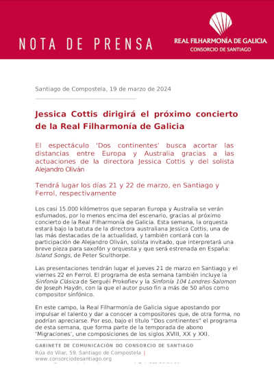 Jessica Cottis dirigirá el próximo concierto de la Real Filharmonía de Galicia