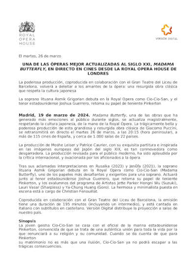 Una de las óperas mejor actualizadas al siglo XXI, Madama Butterfly en directo desde la Royal Opera House Una de las óperas mejor actualizadas al siglo XXI, Madama Butterfly en directo desde la Royal Opera House