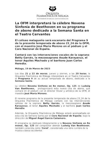 La OFM interpretará la célebre Novena Sinfonía de Beethoven en su programa de abono en el Cervantes